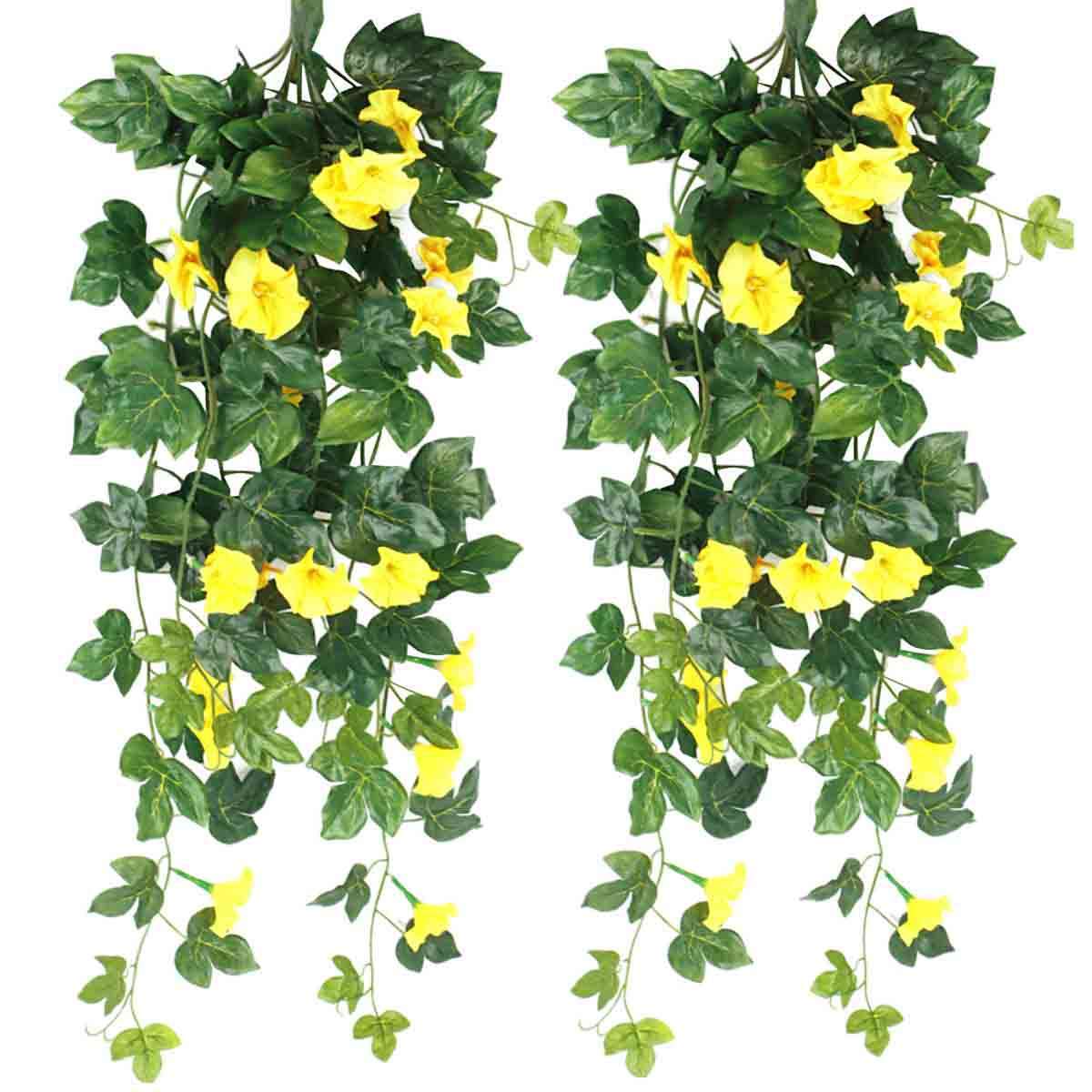 2PCS Artificial Fake Hanging Plants Morning Glory Flowers Vine In/Outdoor Decor