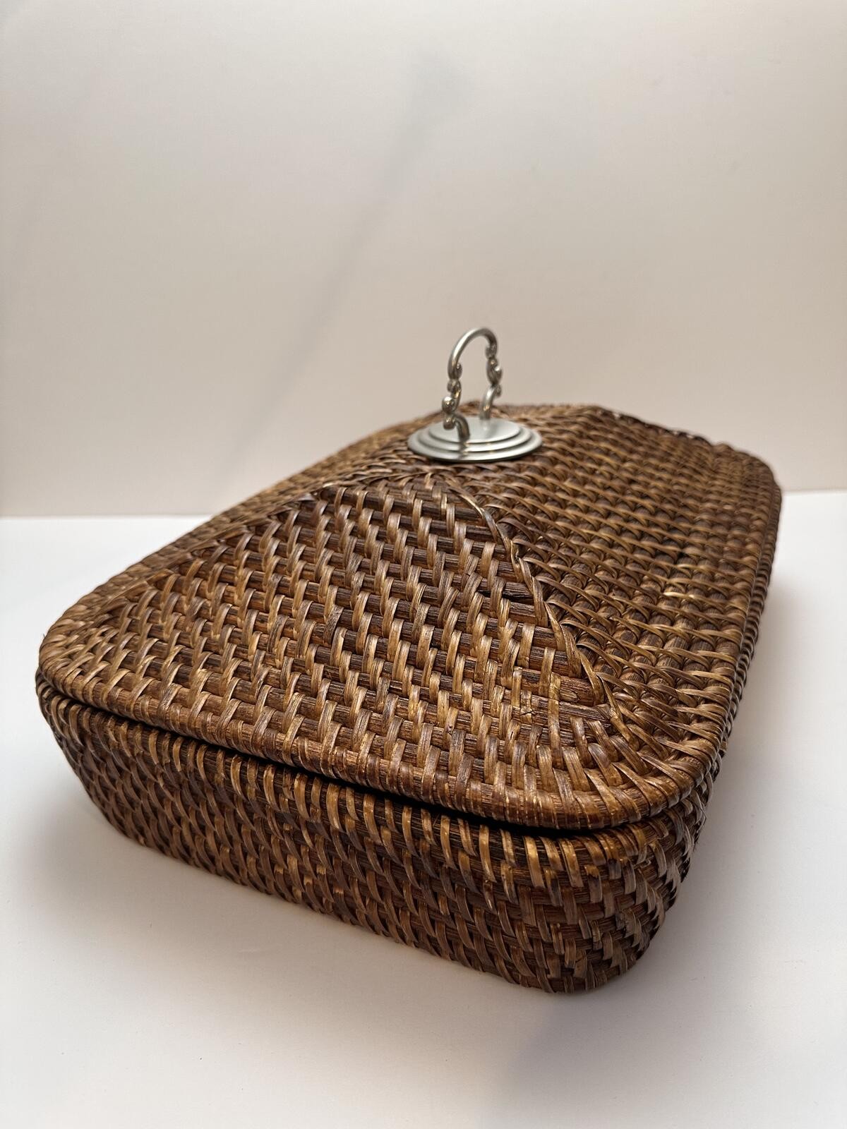 Rectangular Shaped Storage Basket made of Fine Woven Reed with Lid Metal Handle