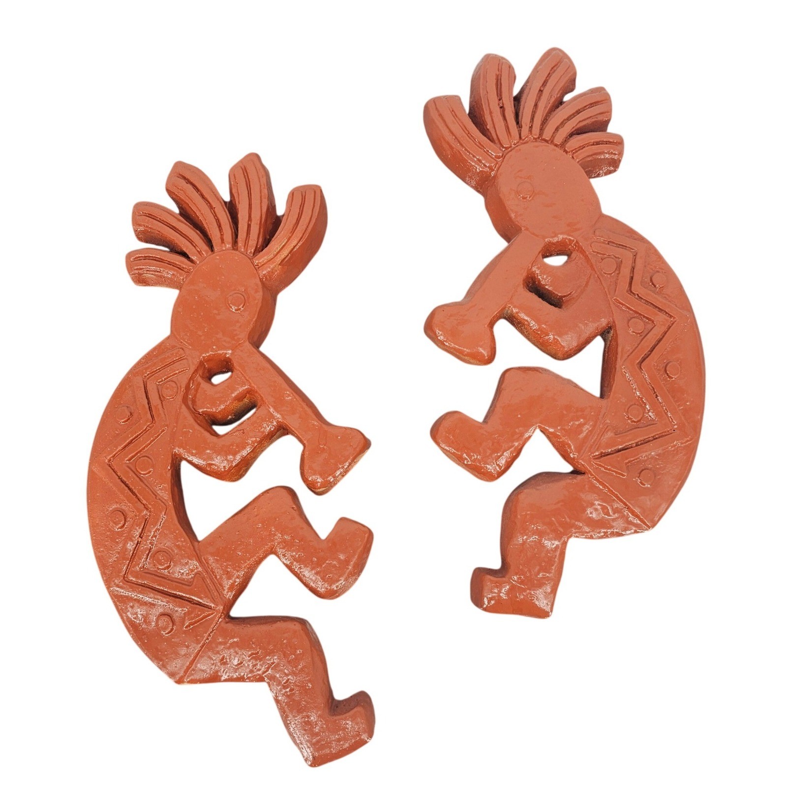 Vintage Mexico Terracotta Kokopelli Wall Hanging Set Glazed Southwest 12&Prime; 2pc