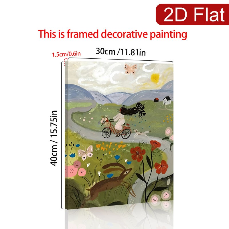 Framed Canvas Folk Country Cycling Girl Rabbit 2D Flat Home Wall Decor Gift