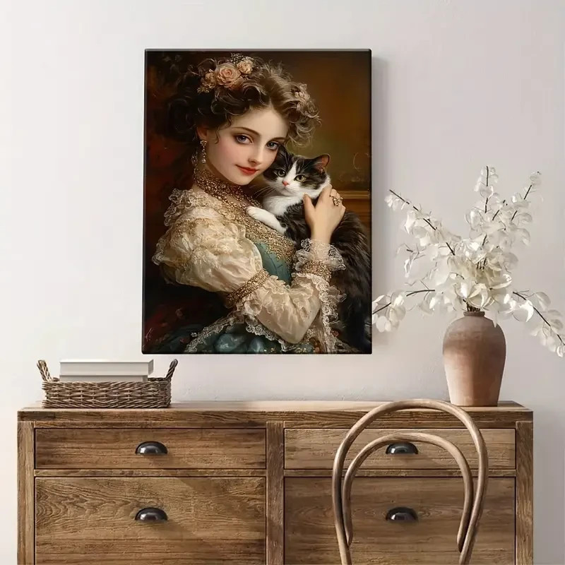 Vintage Woman Cat Art 16×24 | Framed Romantic Portrait | Classic Wall Decor