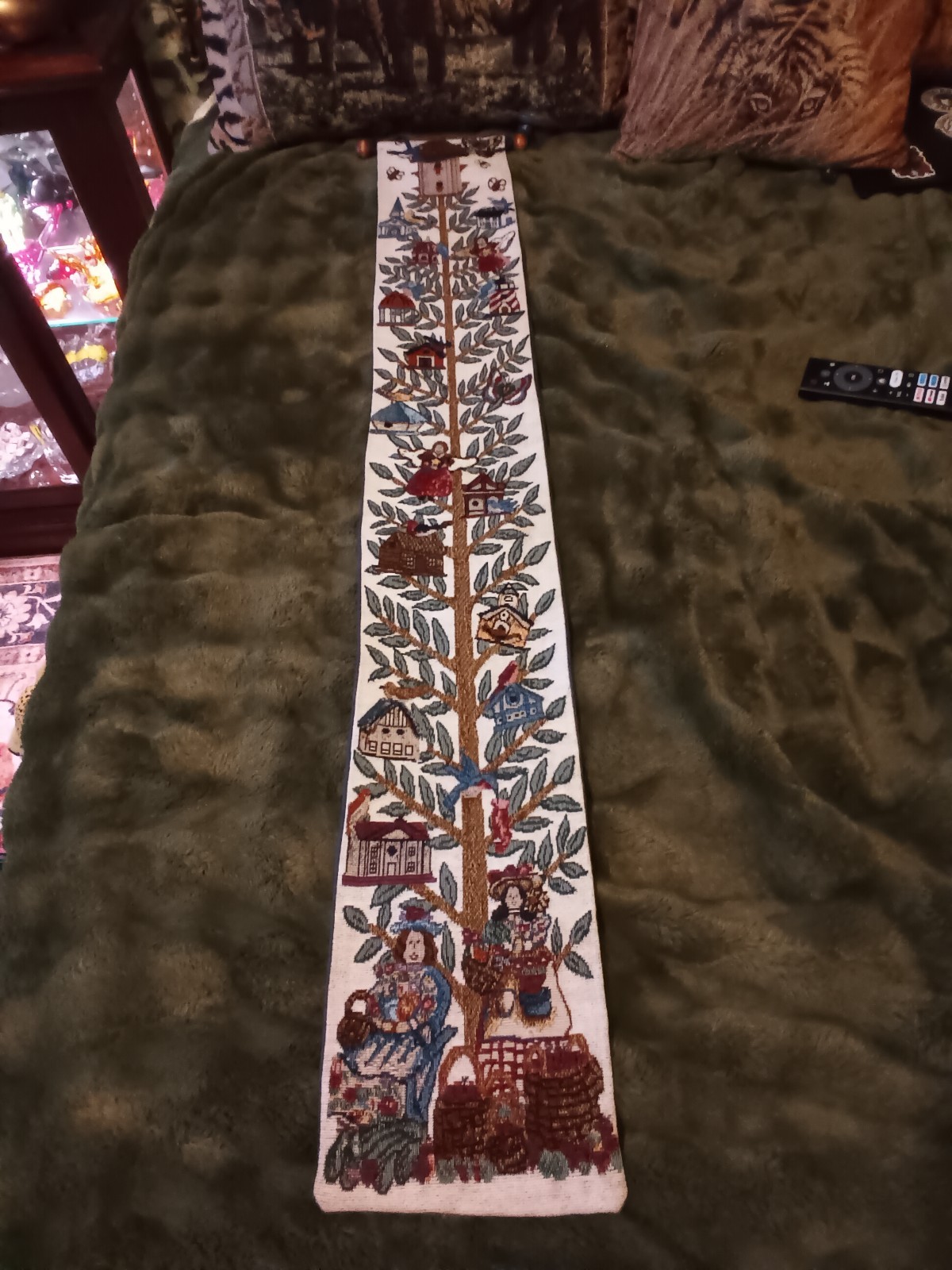 Skinny bird,bird houses,faries,and tree tapestry on wood rod.