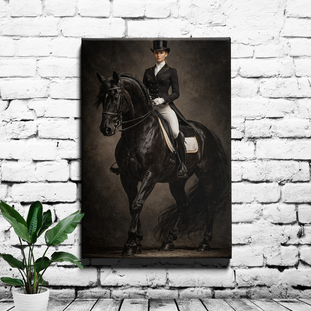 Equestrian elegance rider on black horse framed canvas wall art print
