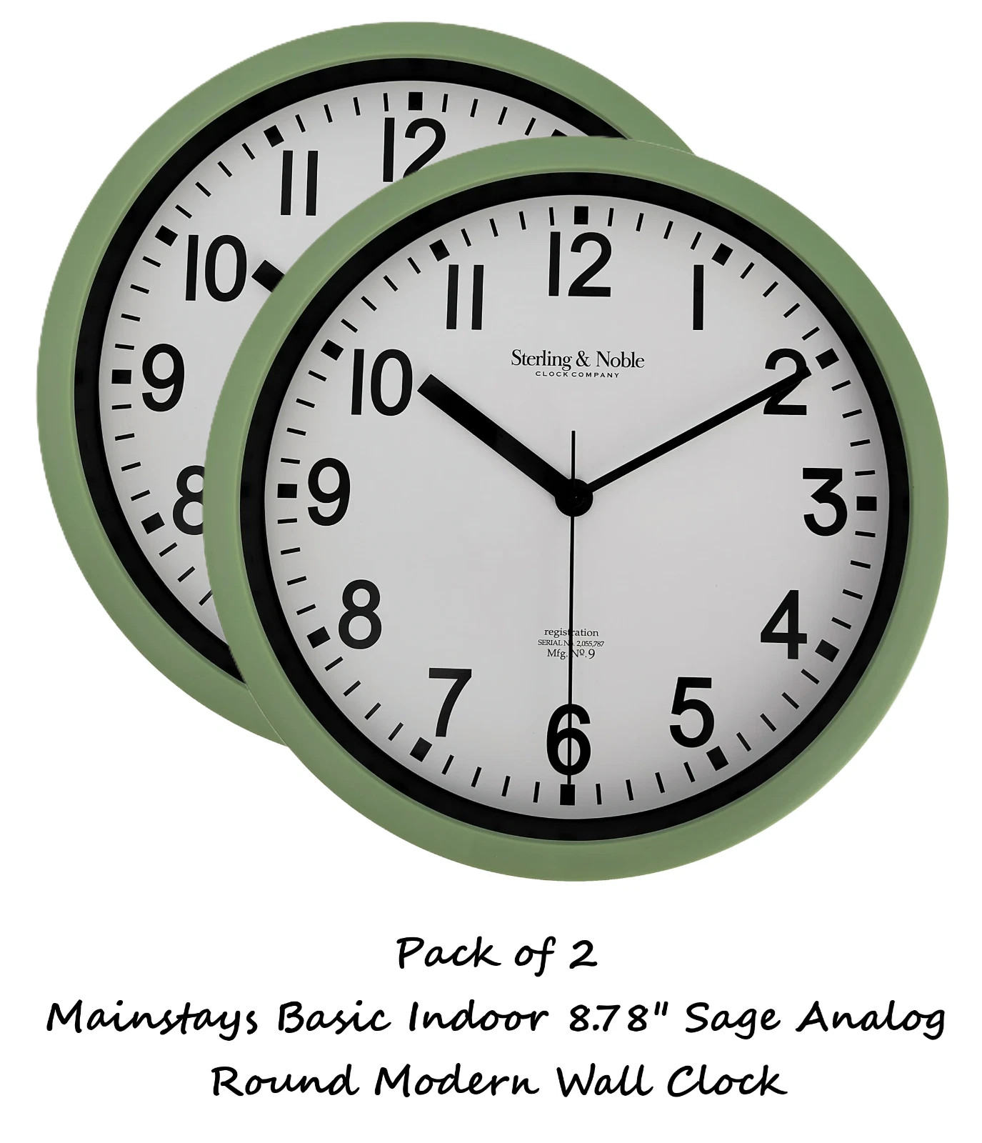Mainstays Basic Indoor 8.78&Prime; Sage Analog Round Modern Wall Clock (2 Pack)