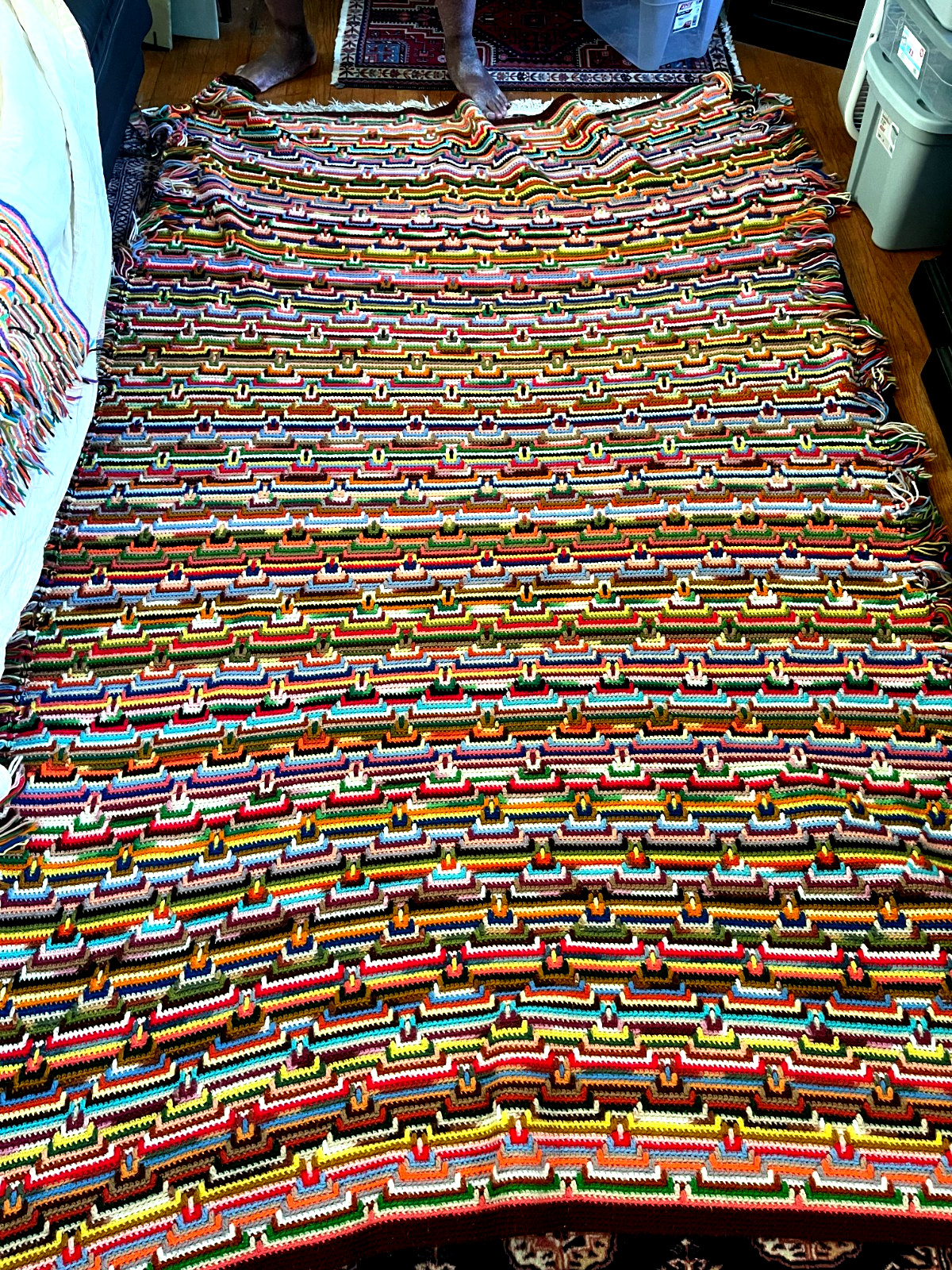Vintage Hand Made in 1950s Multi-color Afghan 96&Prime; x 65&Prime; VIBRANT COLORS, HEAVY