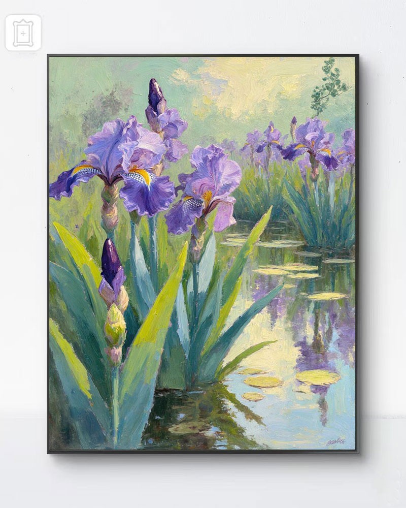 Purple Iris Oil Painting Water Lilies Pond Landscape Canvas Floral Art Framed