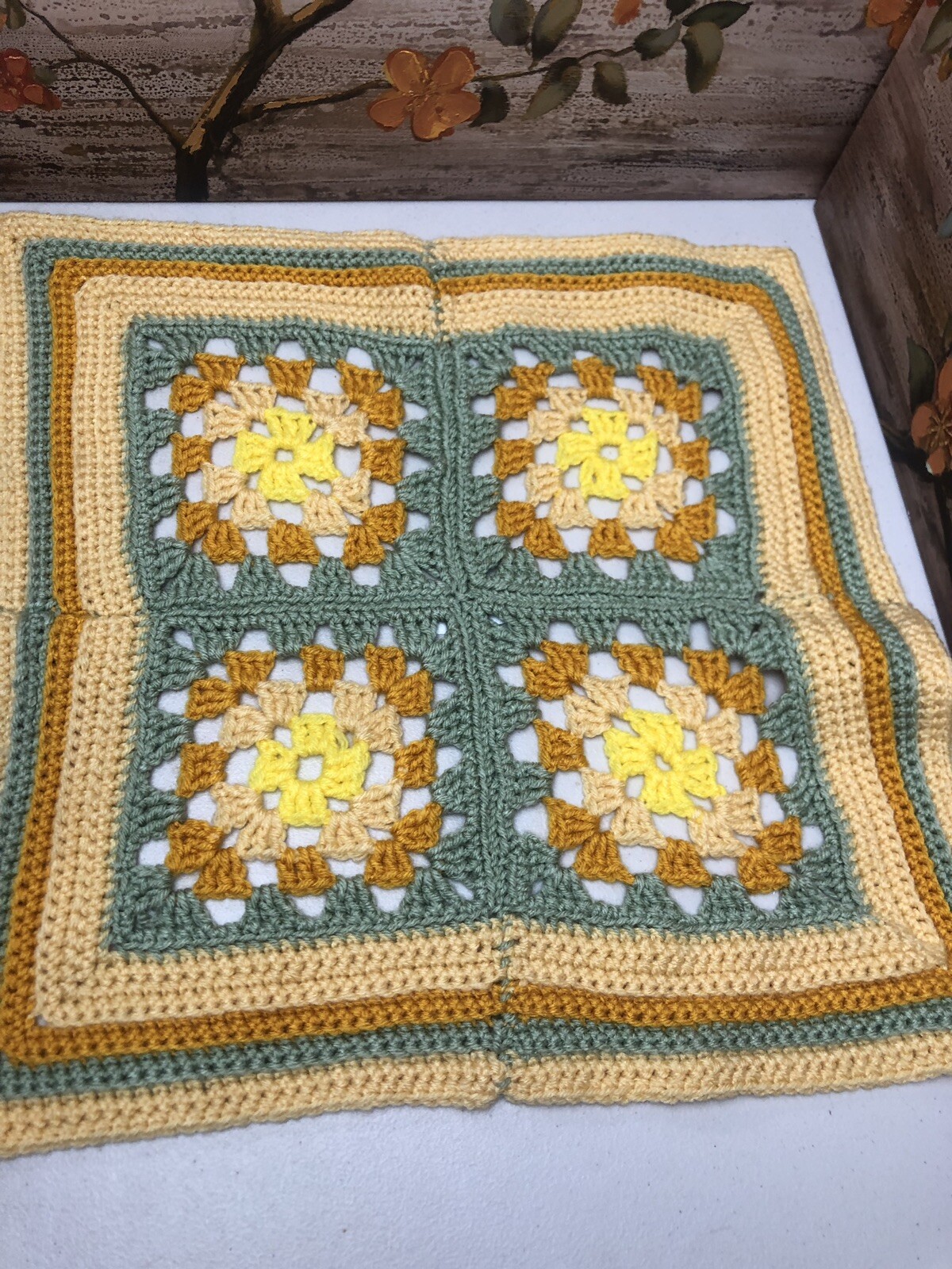 Vintage Handmade Crocheted Granny Square Afghan Doll/Side Table Top 18” Yellow