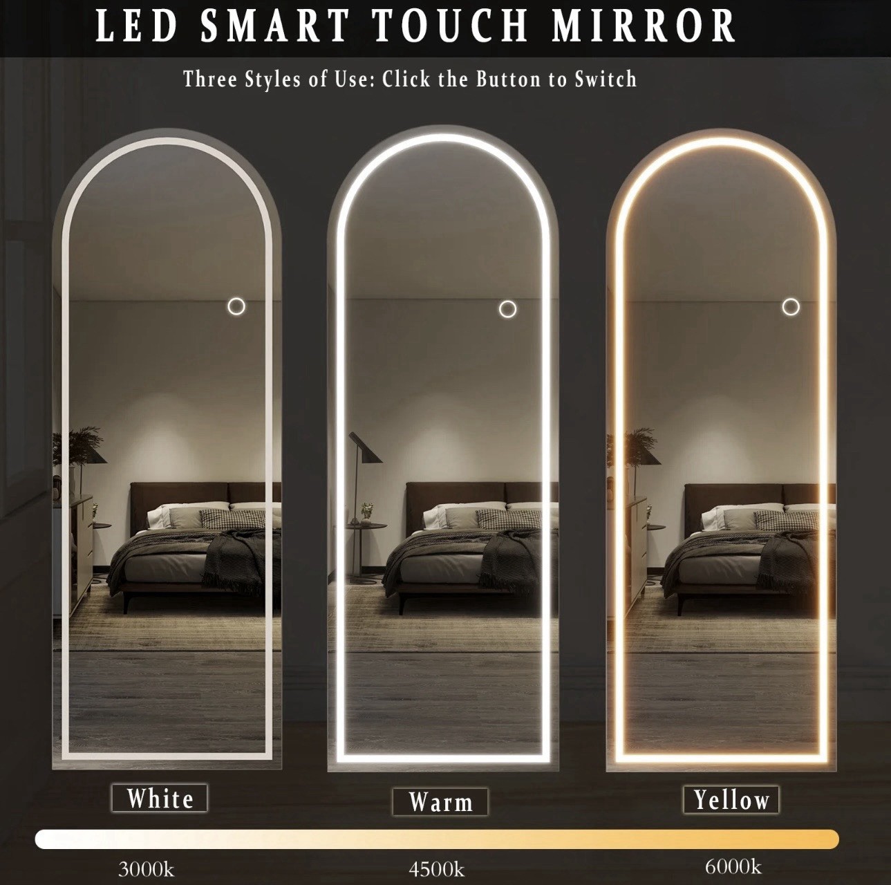 Beautypeak LED Arched Full-Length Mirror 64x21in, Dimmable, 3 Color, Smart Touch
