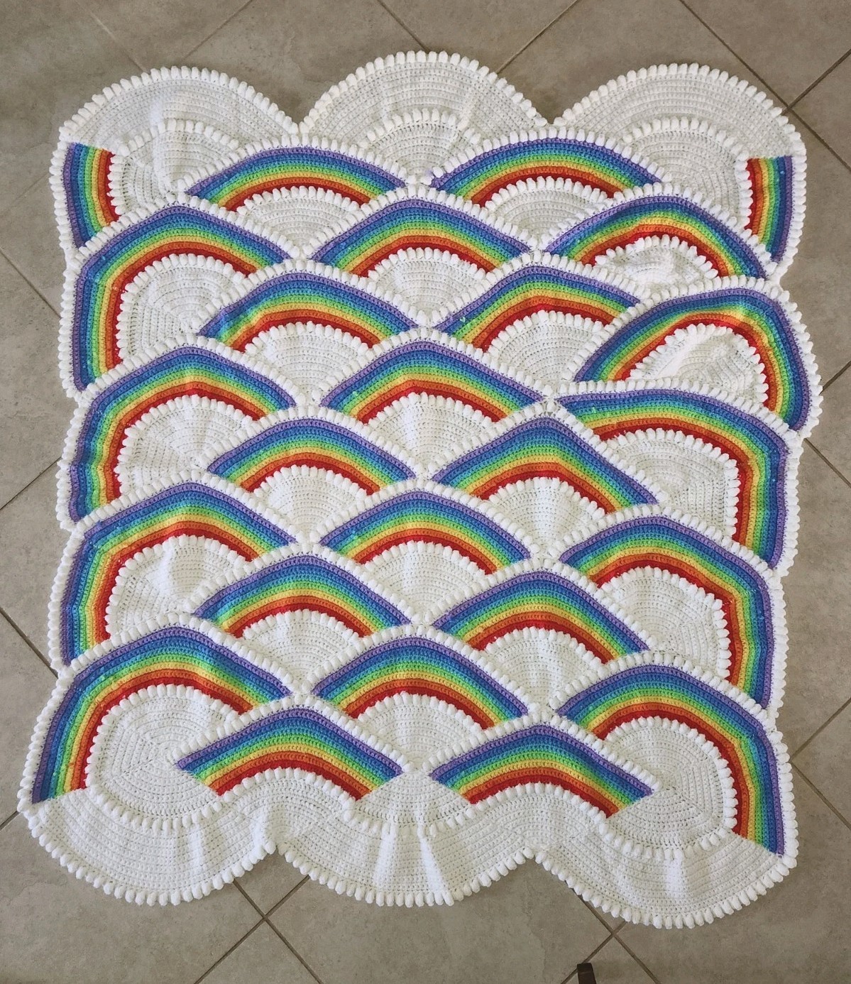 Vtg. Rainbow & Clouds Handmade Crochet Afghan Blanket Retro Pride Scalloped edge