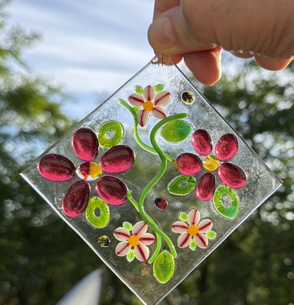 Fused Glass Handmade Diamond Shaped Multicolored Sun Catcher Signed By Artist