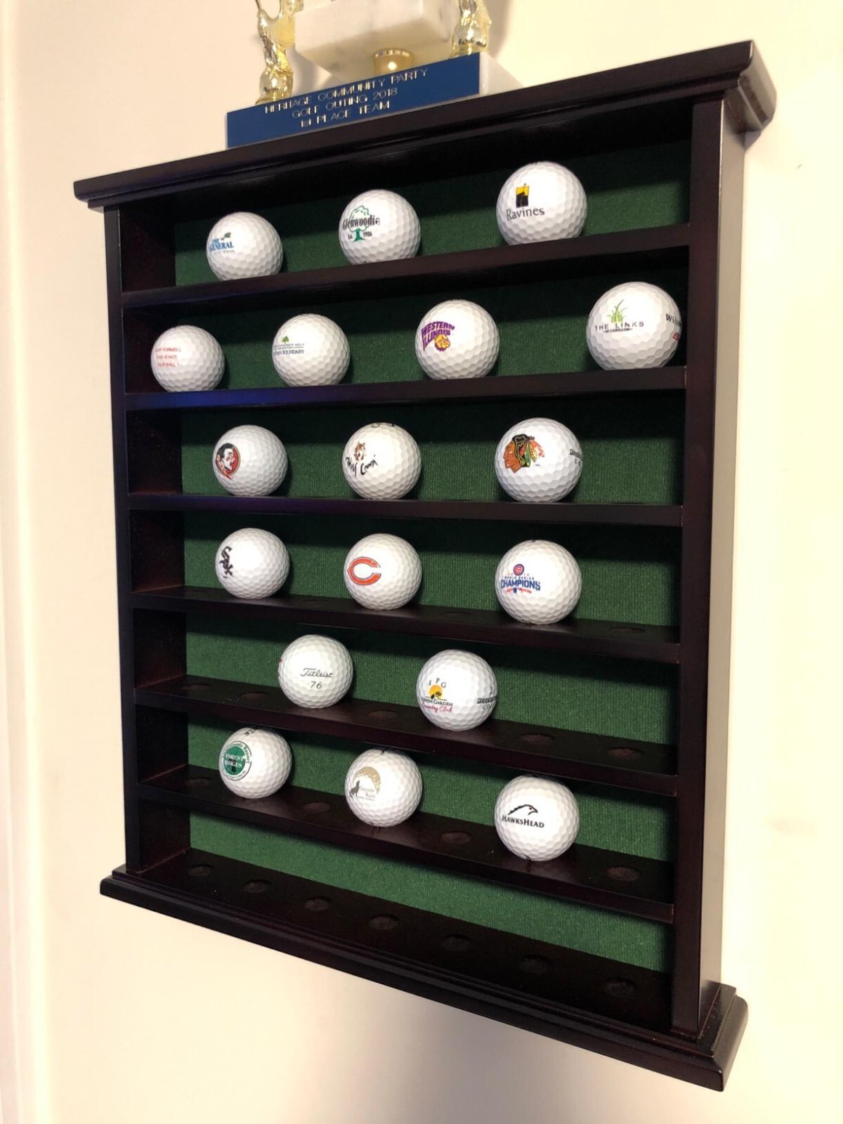 Golf Ball Display Case 49 Pcs Black & Green Clubhouse Wall Mount Cabinet Rack
