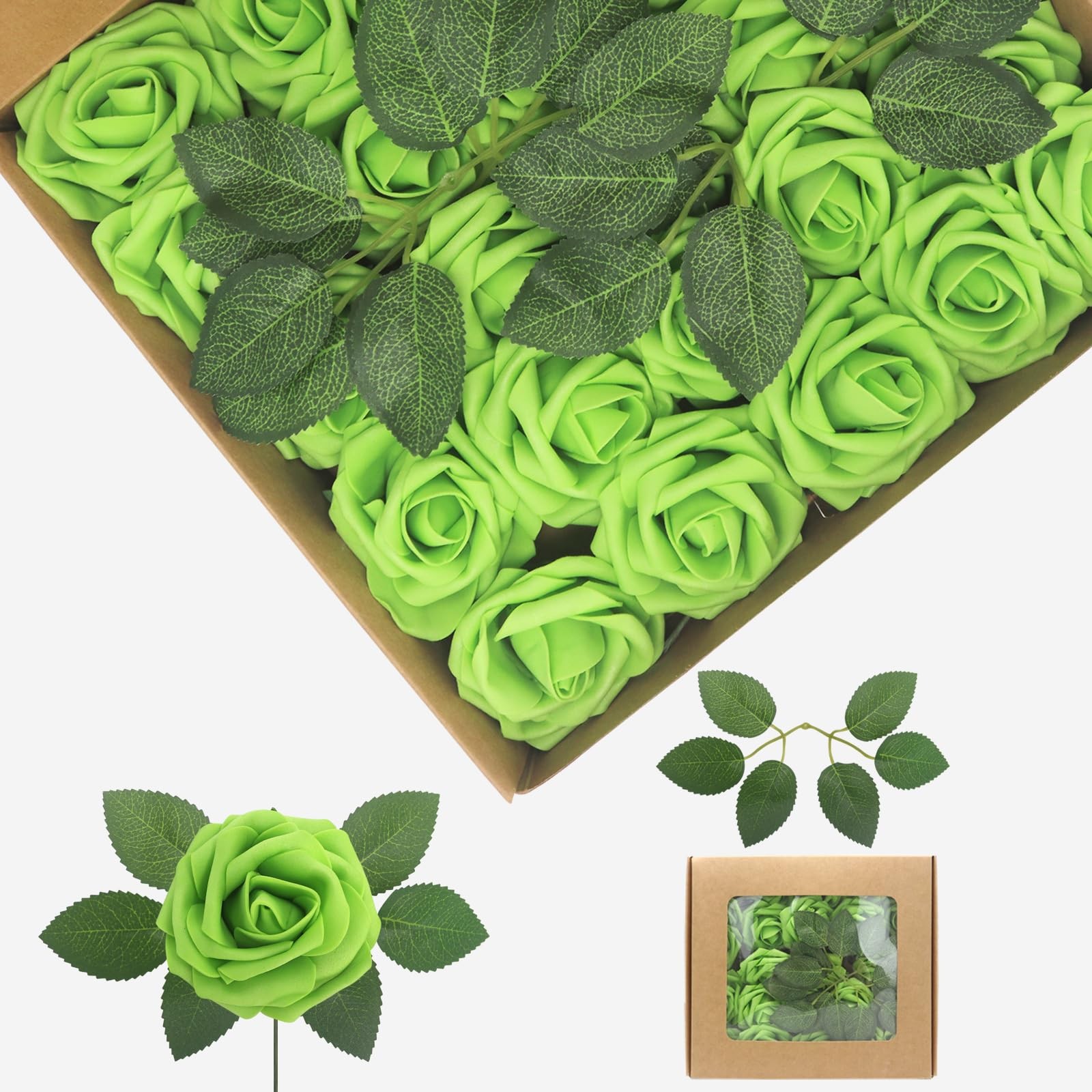 50PCS Green Artificial Flowers Real Looking Foam Fake Roses, Rose Artificial …