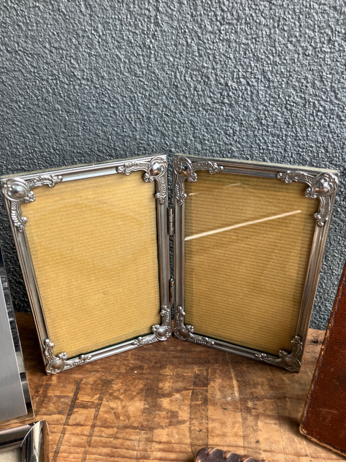 Vintage lot of 5 various silver and leather empty picture frames.