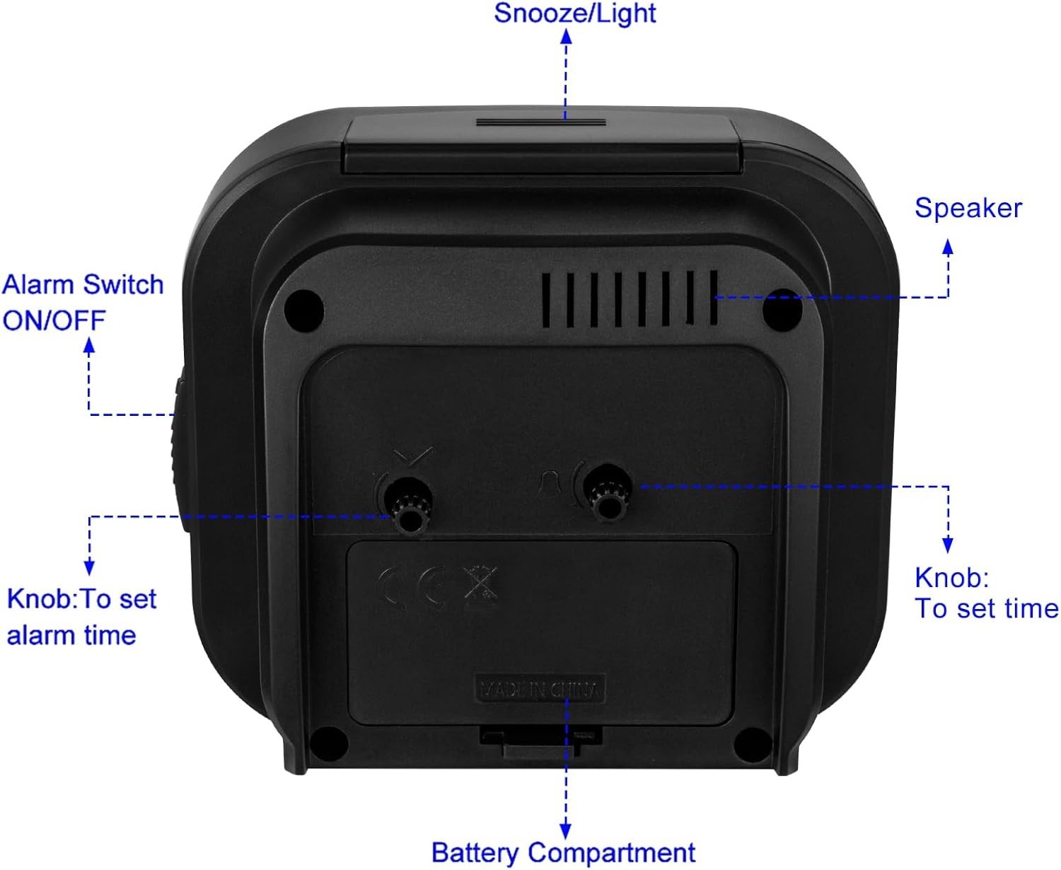 Tinload 4.3&Prime; Silent Analog Alarm Clock Big Numbers Battery Operated Black Square