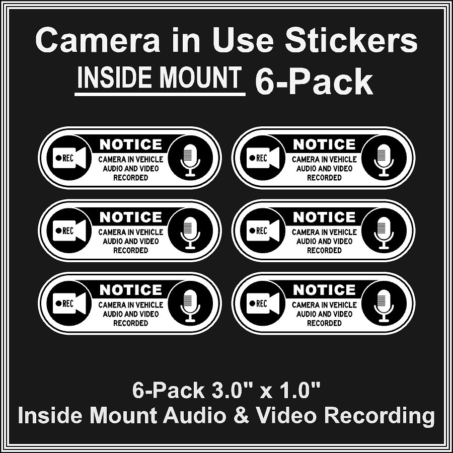 Camera in Car Recording Video 6-Pack INSIDE MOUNT Decals White Black 3.0&Prime; x 1.0&Prime;