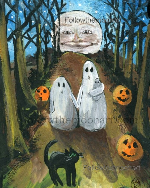Halloween Ghosts Trick or Treating Moon Face Black Cat Pumpkin Wall Art Print