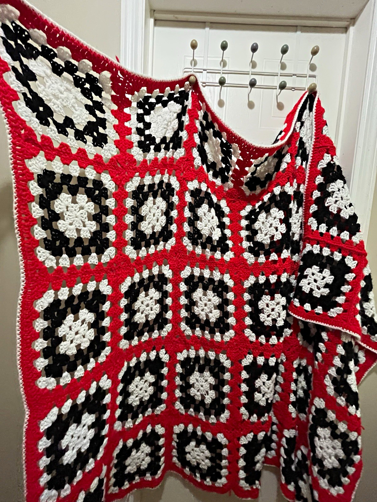 Handmade Large Granny Square Sofa Throw Blanket Red Black White 48×72