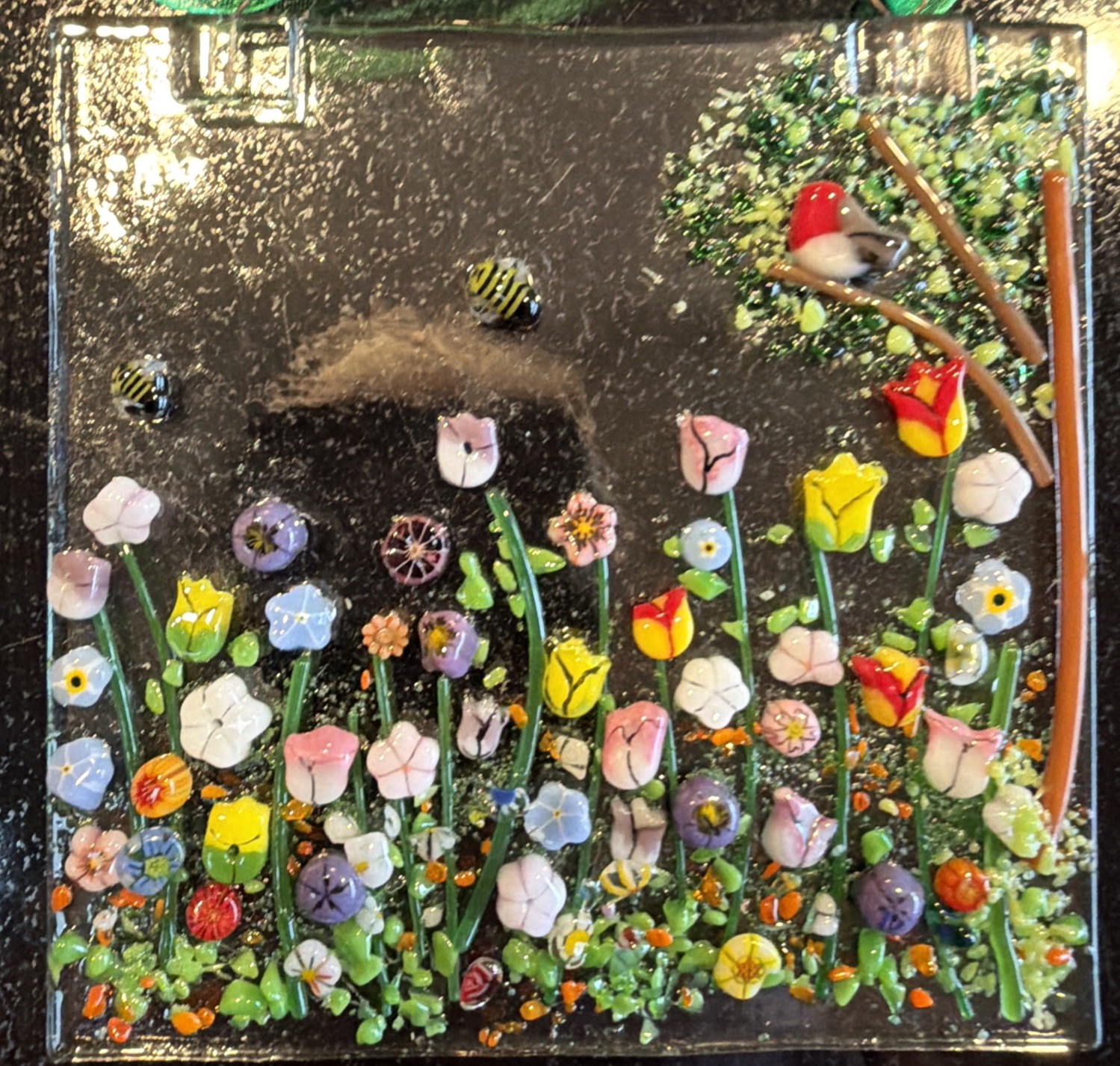 Fused Glass Handmade Square 4”x 4” Multicolor Sun Catcher Signed By Artist