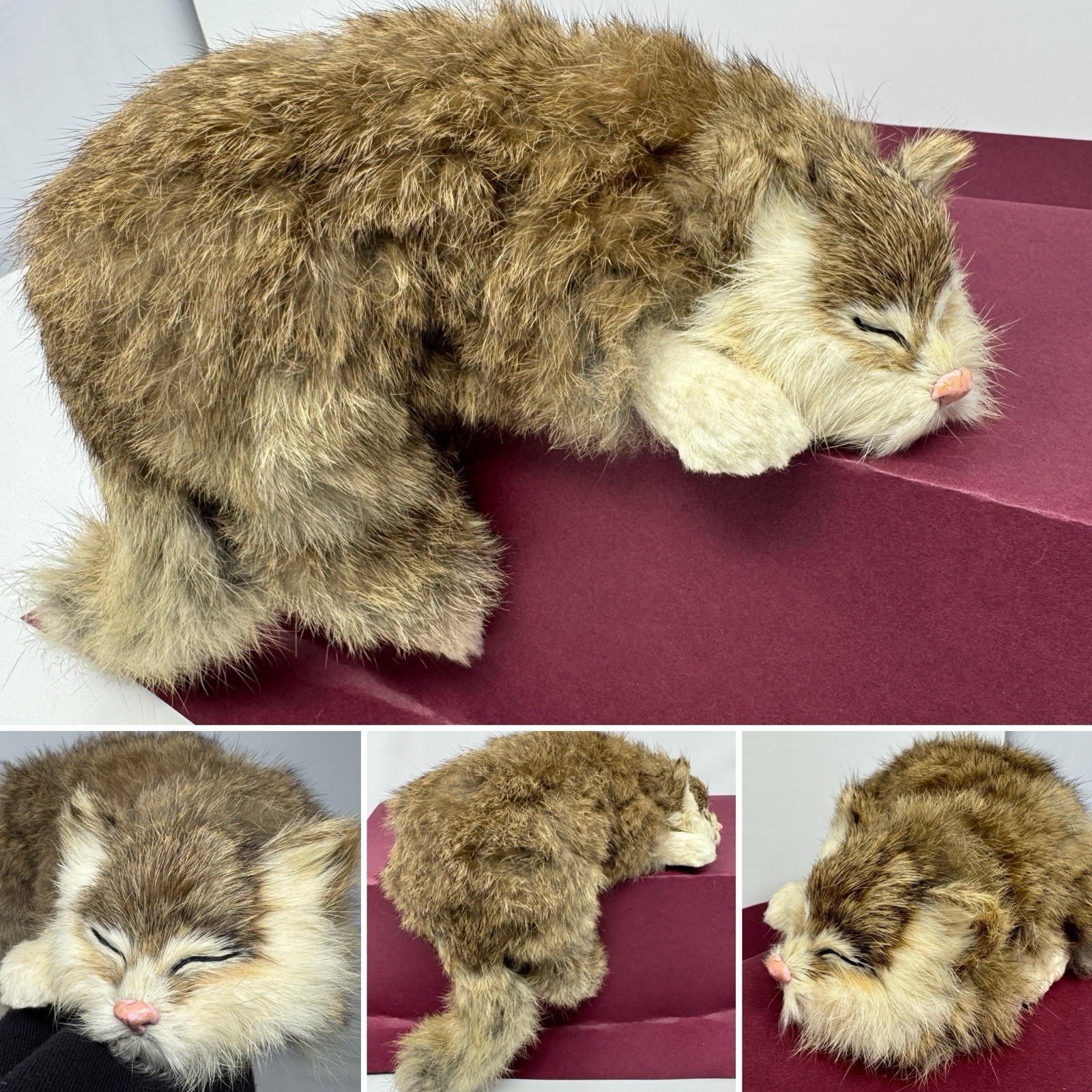 VTG Sleeping CAT SHELF SITTER w/ REAL RABBIT FUR BROWN SOFT Realistic PINK NOSE