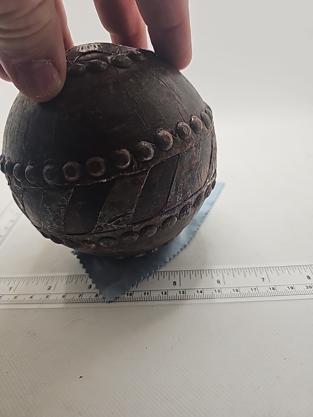 Decorative Ball Sphere VTG Wood Metal W Designs Pressed On To Bands hand made