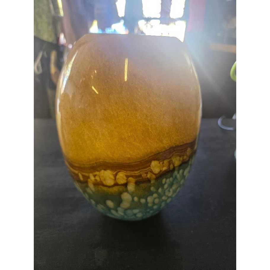 Art Glass Vase Ovoid Hand Blown Amber Blue White Bubble Speckle 8 Inch