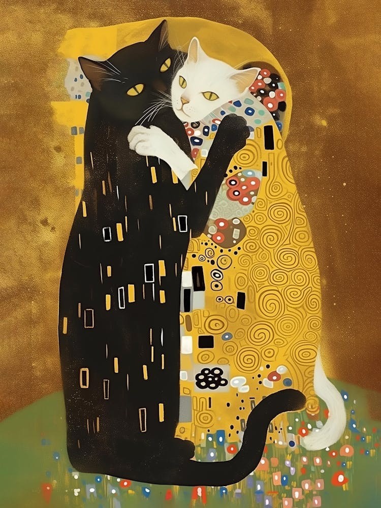 The Kiss Cat Art Print Gustav Klimt Inspired, Modern Abstract Poster