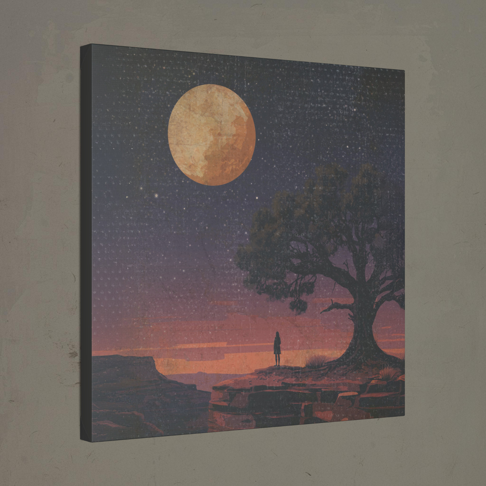 STARGAZER MOON TREE Stretched Canvas, Celestial Star Astronomy Girl Wall Art