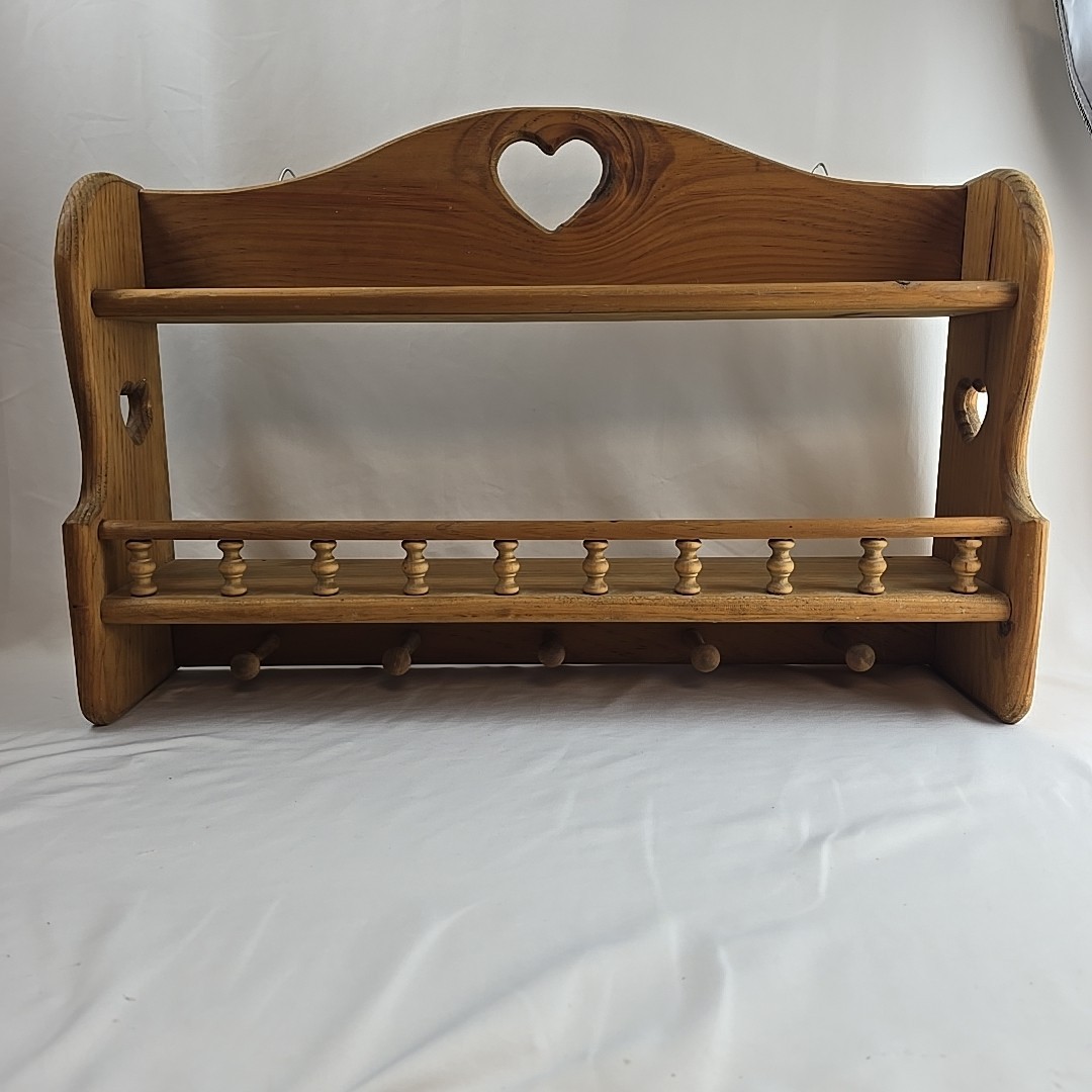 Vtg Handmade Wood Heart Cutout Trinket Shelf Wall Hanging Pegs 26&Prime; Cottagecore