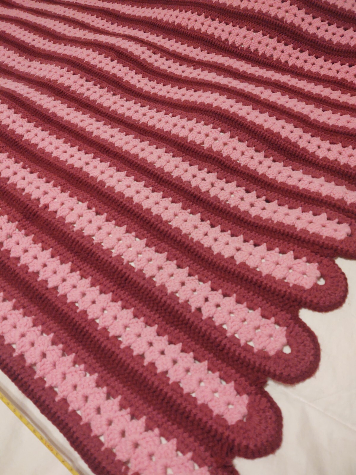 62in Afghan Hand knit blanket pink and maroon Hand made