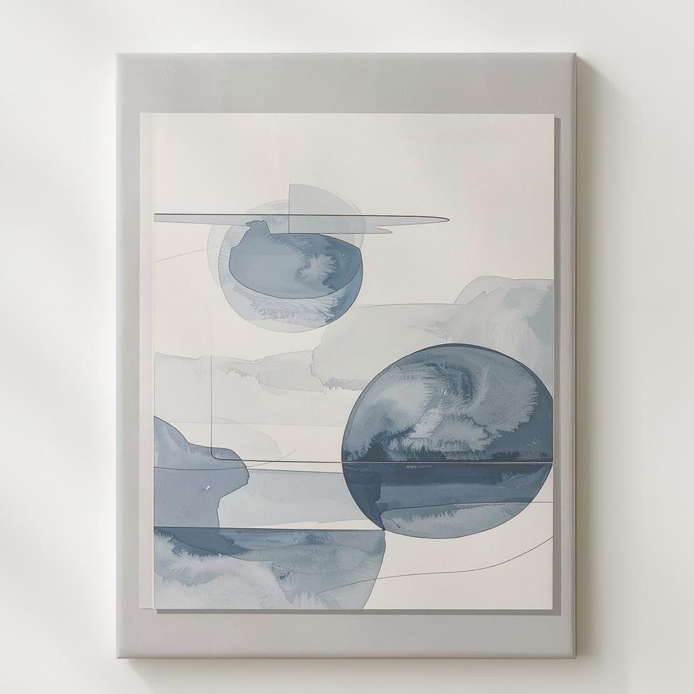 Minimalist Watercolor Canvasfloating Blue-Gray Shapes With Black Ink Lines Wall