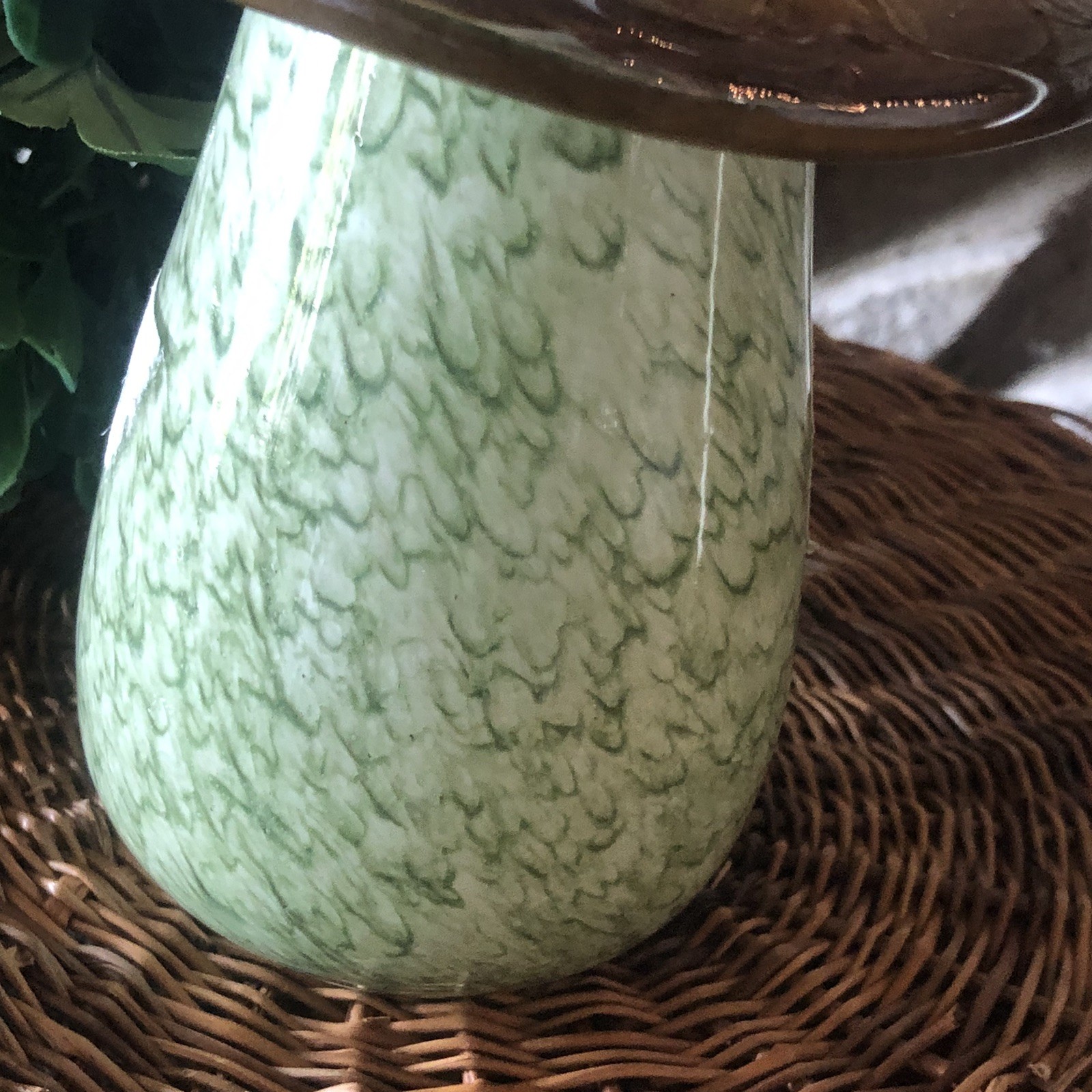 Pier1 Imports Art Glass Collection Mushroom Decor Green Brown 4.5&Prime;x6.5&Prime; NEW