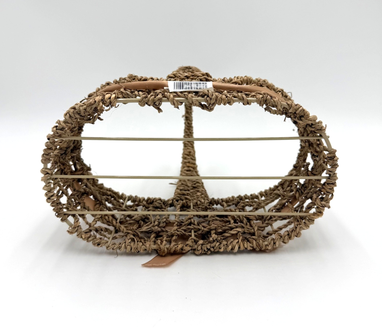Handwoven Natural Wicker Basket with Handle Ribbon Rustic Farmhouse Pre Owned