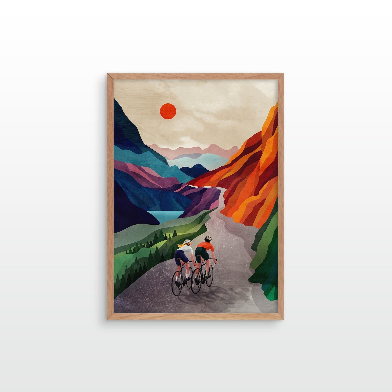 Cycling Couple Art Print Gift for Cyclists, Mountain Landscape illustration