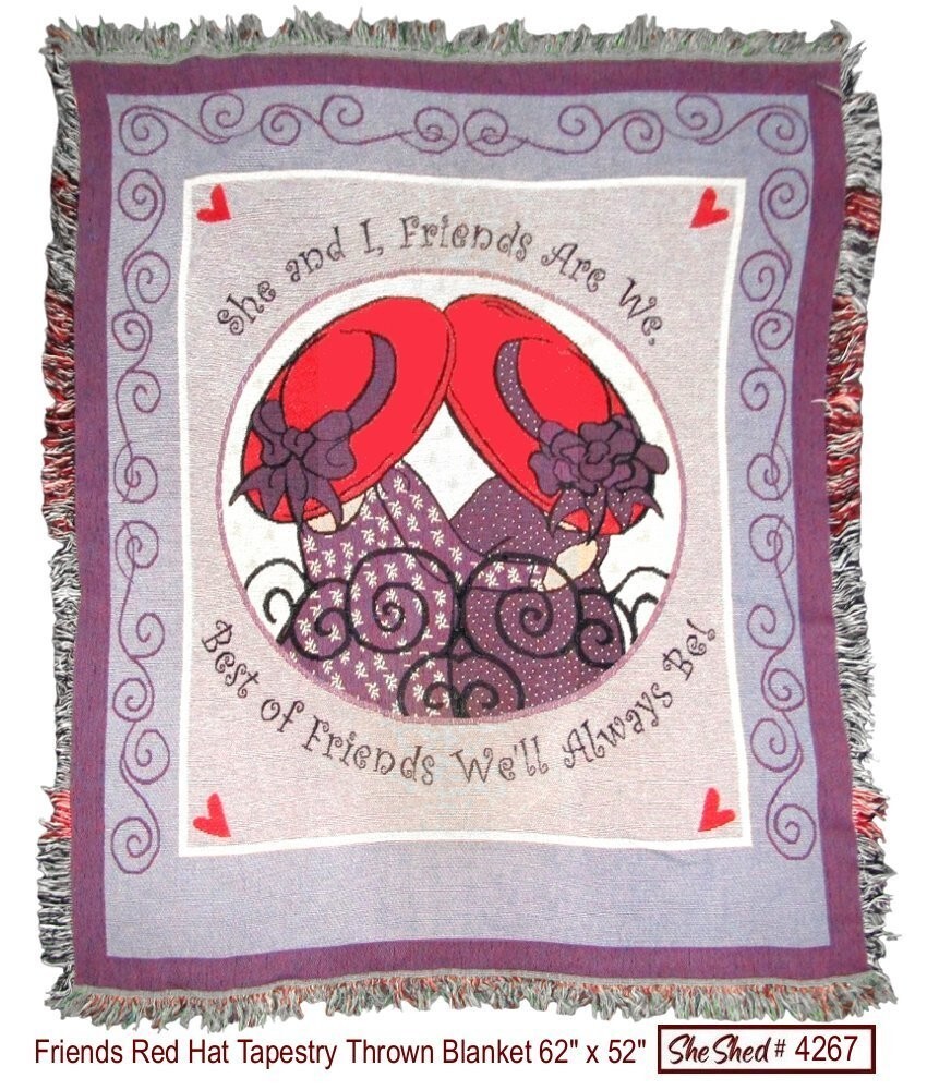Friends In Red Hats Fringed Tapestry Throw Blanket 62×52 Woven Cotton Vintage