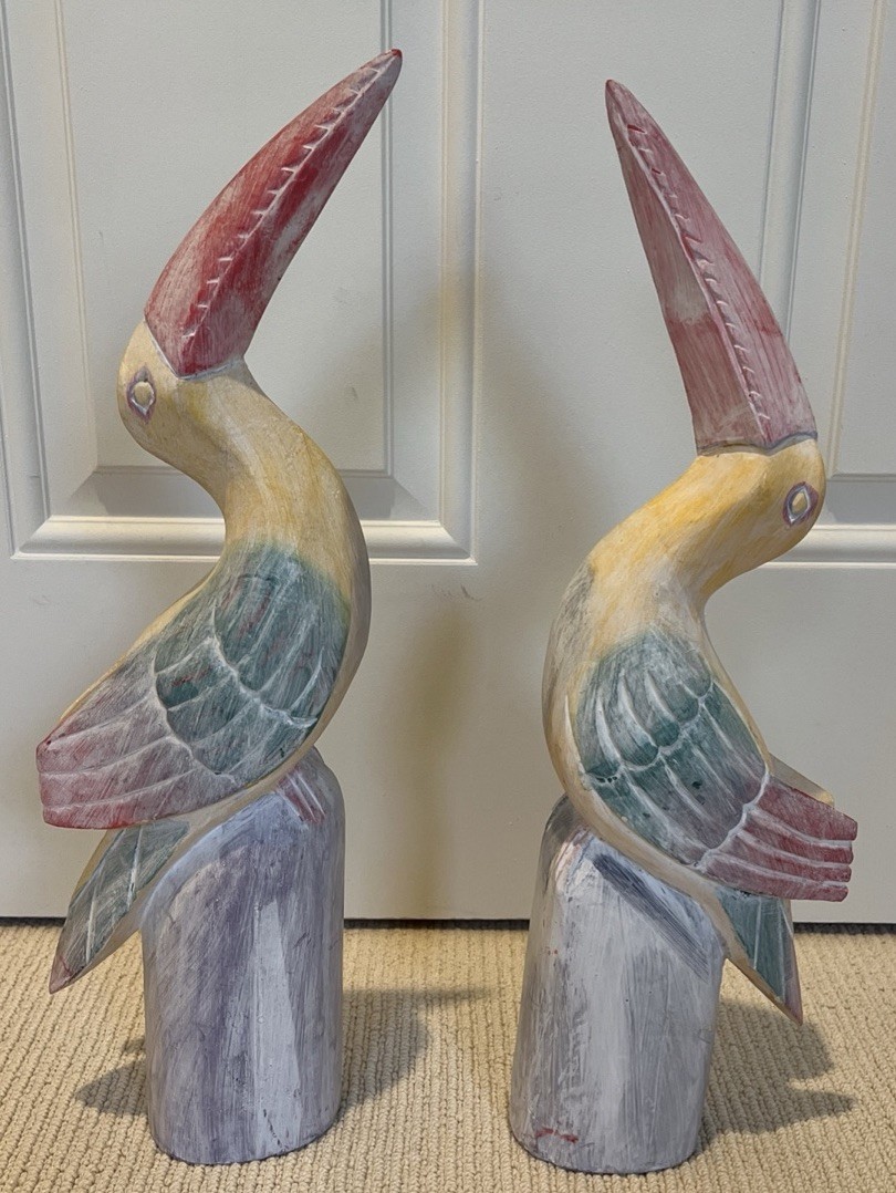 Vintage Pair Wooden Toucan Birds Beach Pastel Home Decor 18” Tall x 5.5” Wide