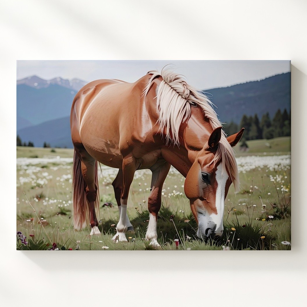 Chestnut Horse Grazing Canvaspeaceful Pastoral Wildflower Field Art Wall Art