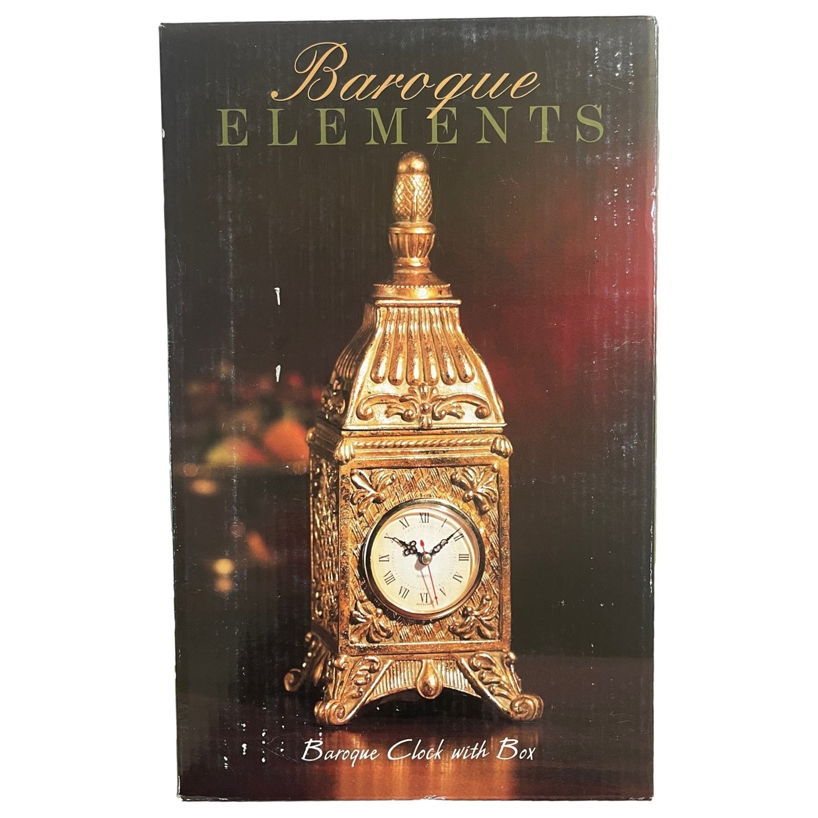 Elements Baroque Desk Mantle Clock with Box, Golden Finish