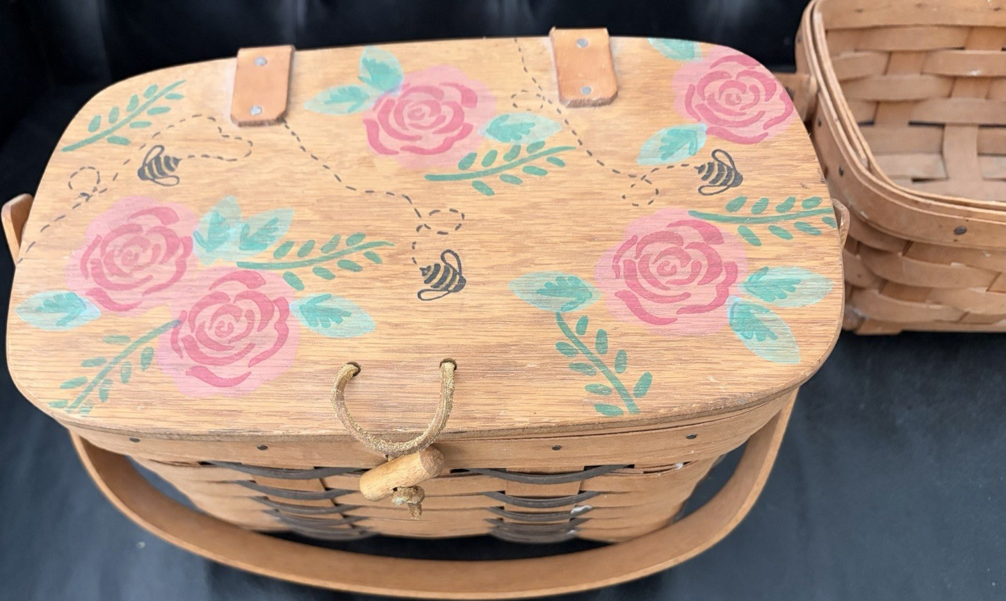 + a BONUS L Basket – Longaberger G13 Rectangular Wood Floral Painted Lid Basket
