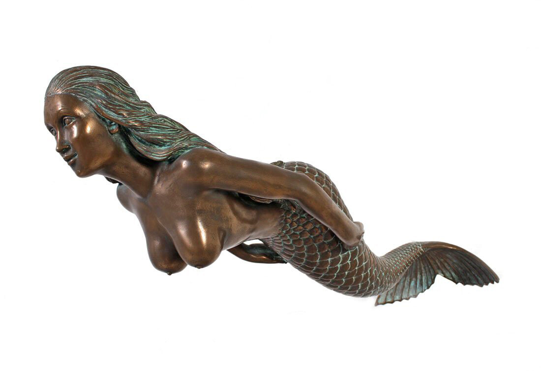 Mermaid Swimming Bronze Figure Hanging 48&Prime;L Large Sculpture Shaped Ceiling Verde