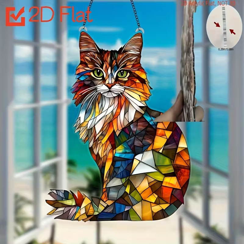 NEW Multi-Color-Colorful Acrylic Longhair Cat 2 Sided Sun catcher 6.2&Prime; x 7.5&Prime;