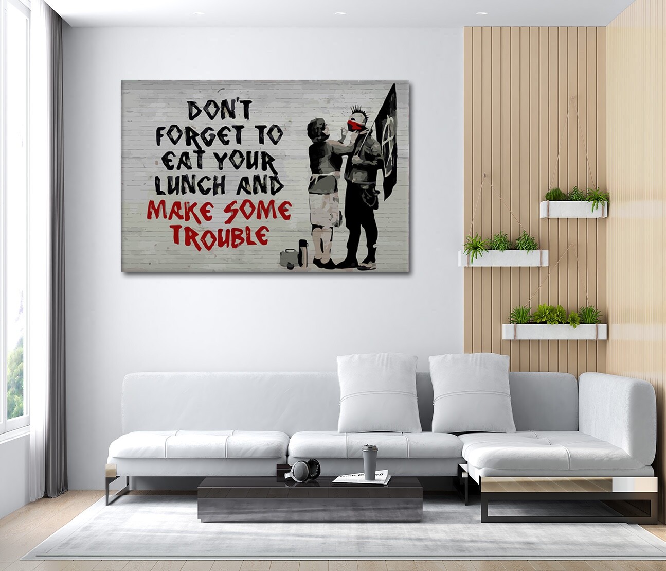 BANKSY Canvas Wall Art « Don&rsquo;t Forget To Eat Your Lunch » Framed Artwork Prints