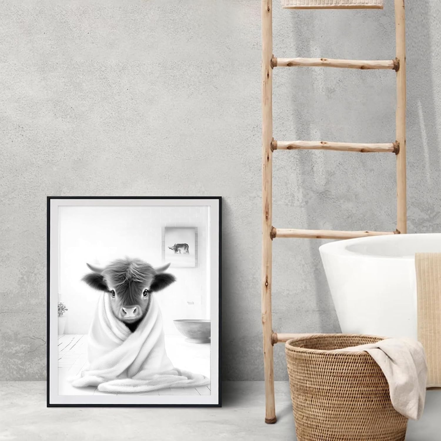 Humorous Black and White Highland Cow Canvas Prints – 8x10in Bathroom Decor