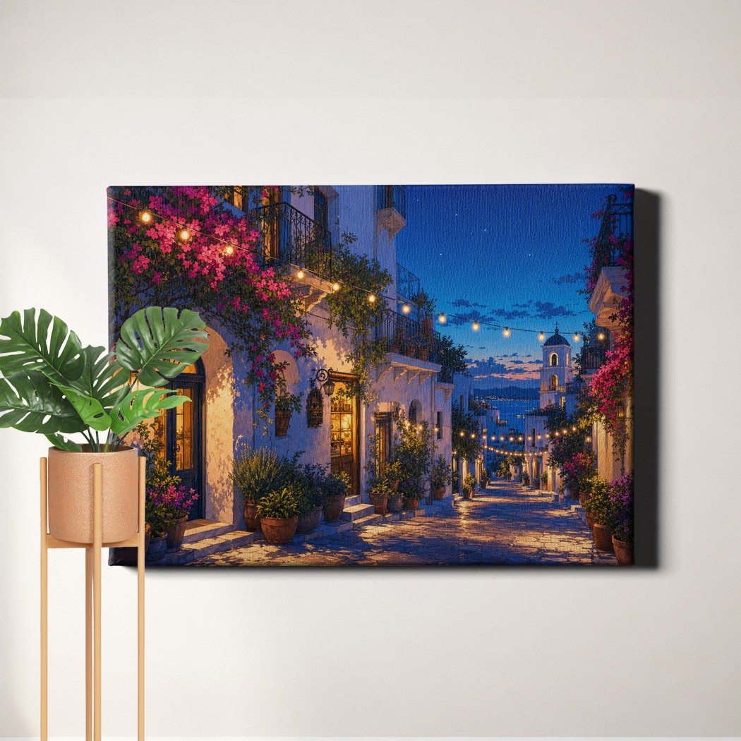 Mediterranean evening alley with string lights cityscape Canvas Art