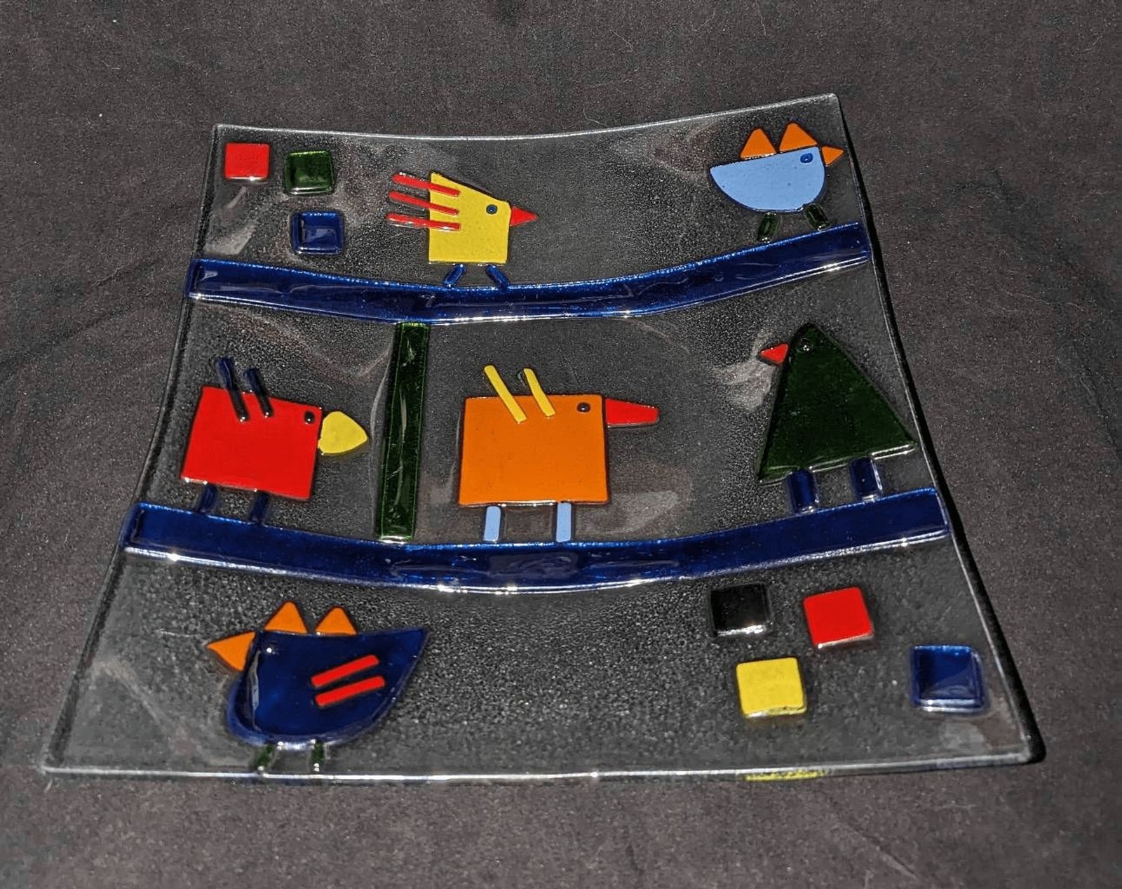 Whimsical Fused Glass Tray Platter 12×12 Geometric Birds Primary Color Folk Art