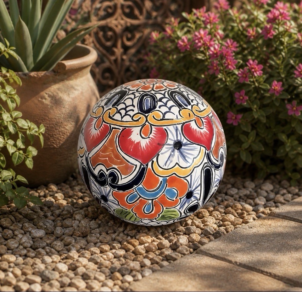 Hand Painted Mexican Talavera Garden Globe – Ceramic Lawn Decor Sphere Signed
