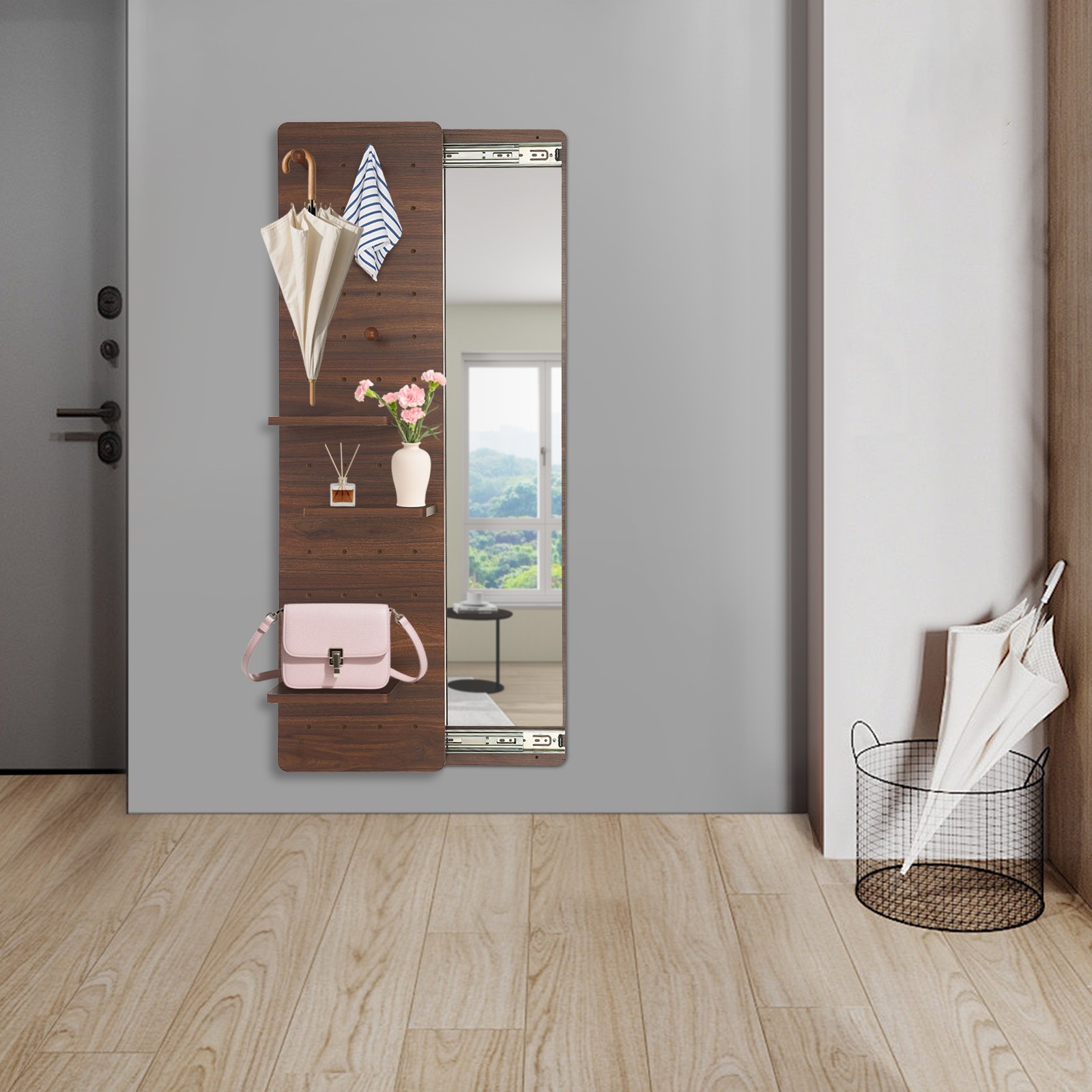 Wall Mirror for Bedroom Wall,Wall-Mounted Full-Length Mirror W/3*Shelves+6*Hooks