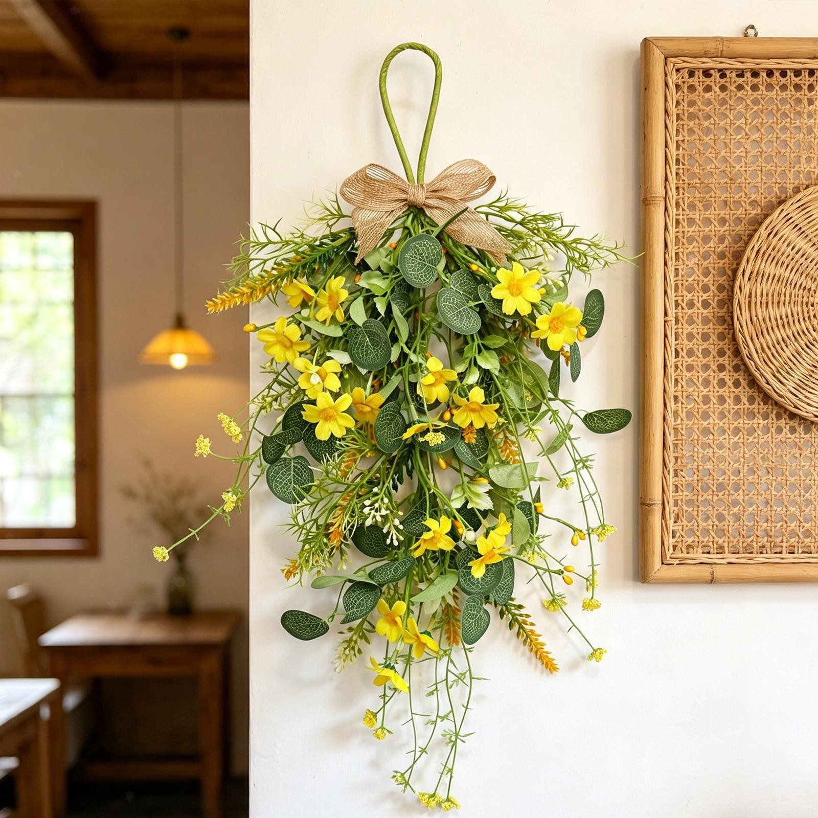 Spring Summer Wreath Teardrop Swag with Bowknot Wall Art Decorative Artificial