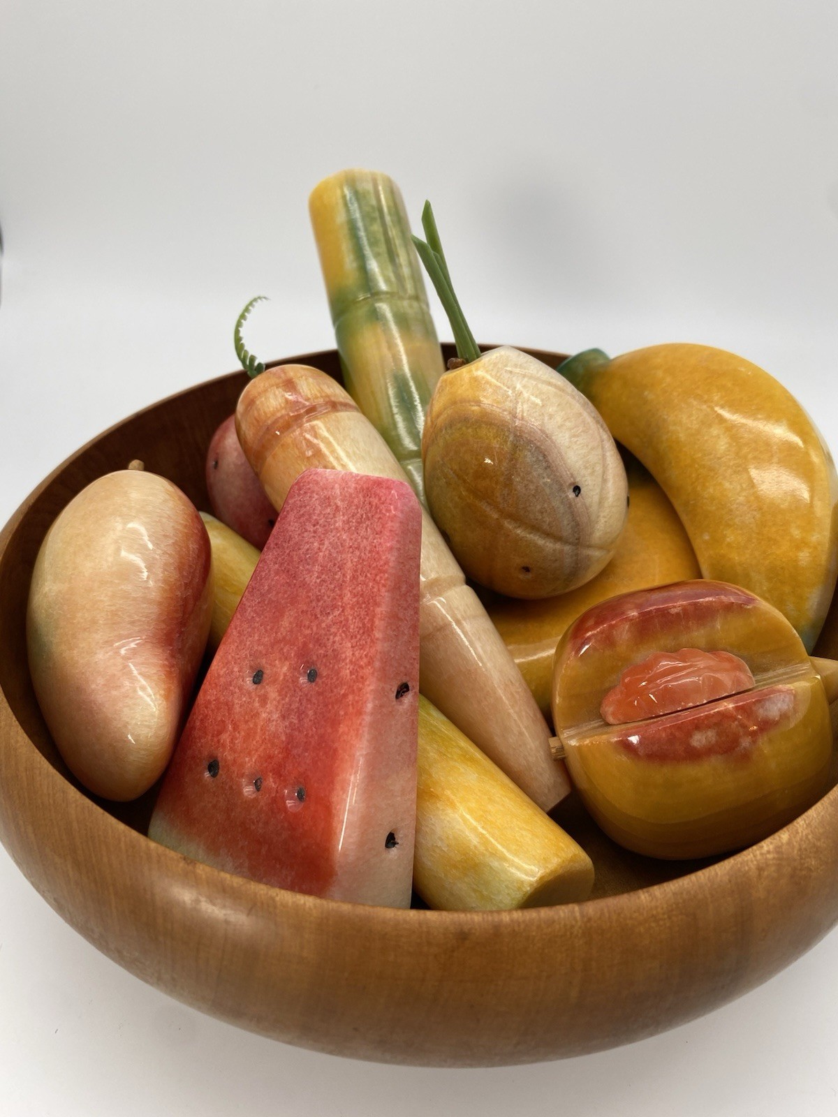 Vintage Italian Onyx Alabaster Marble Fruit Set Heavy Display Colorful 11 Pieces
