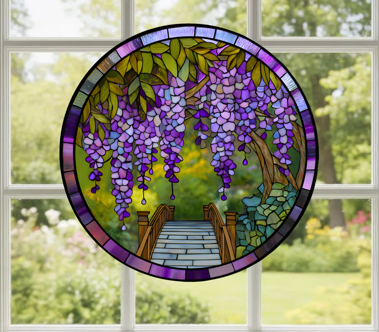 Wisteria Flowers Faux Stained-Glass WINDOW CLING Size 8&Prime; Round Vinyl