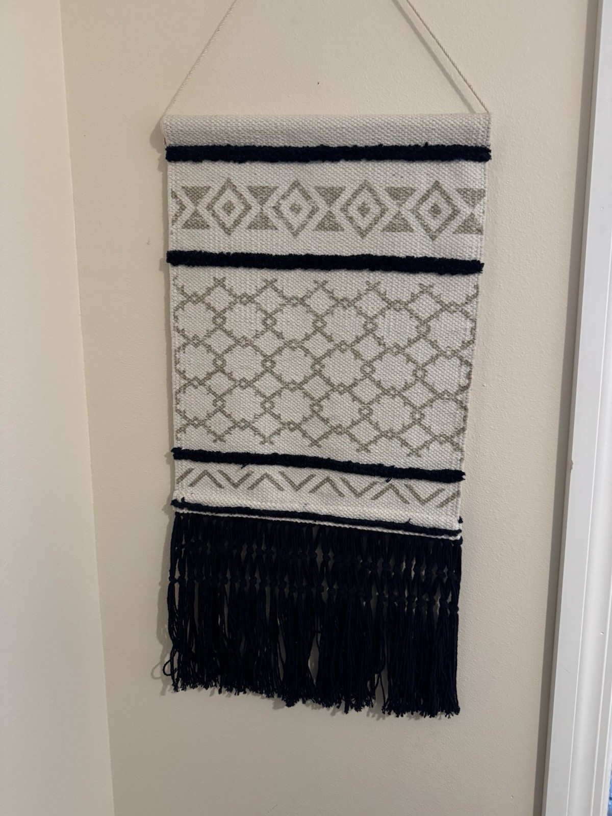 Woven Cotton Tapestry with Tassel Fringe Wall Decor Cream Navy Taupe 30 1/2”